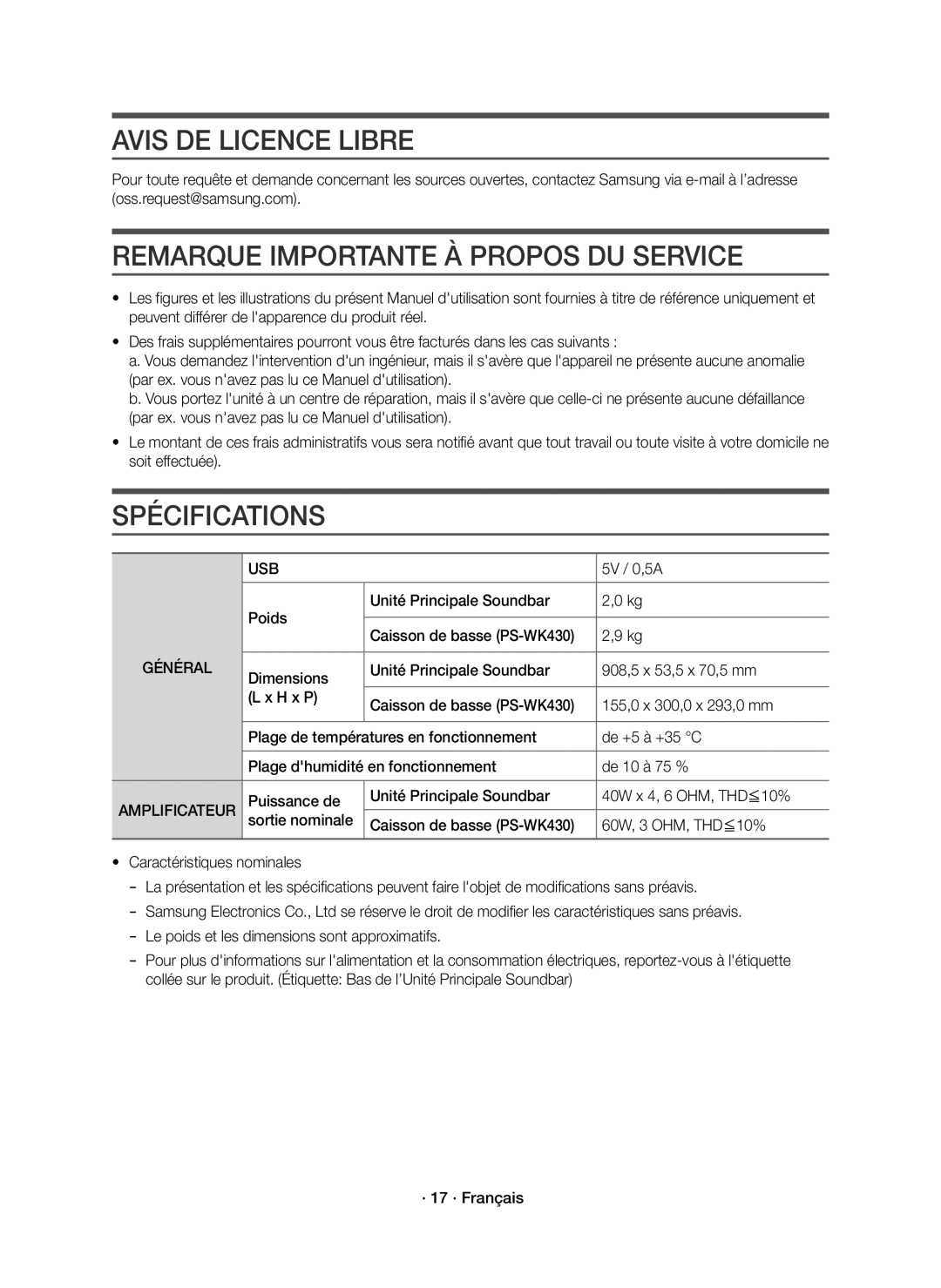 Samsung HW-K430/EN manual Avis DE Licence Libre, Remarque Importante À Propos DU Service, Spécifications, Amplificateur 