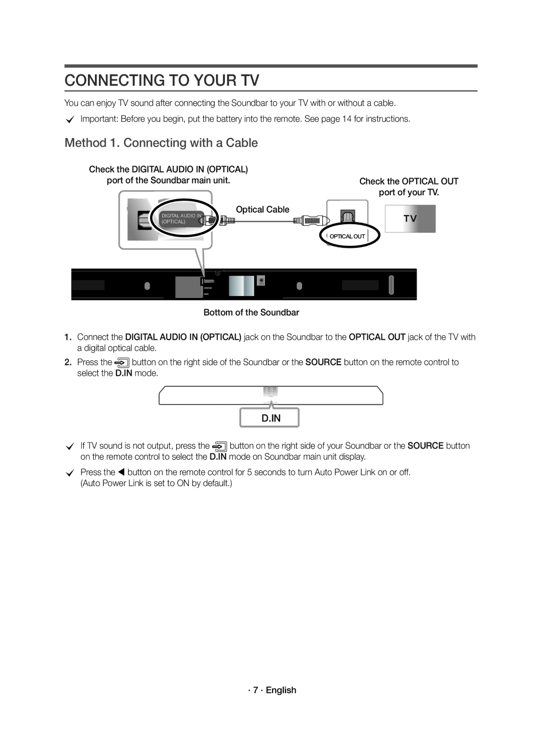 Samsung HW-K430/XN, HW-K430/EN manual Connecting to Your TV, Method 1. Connecting with a Cable 