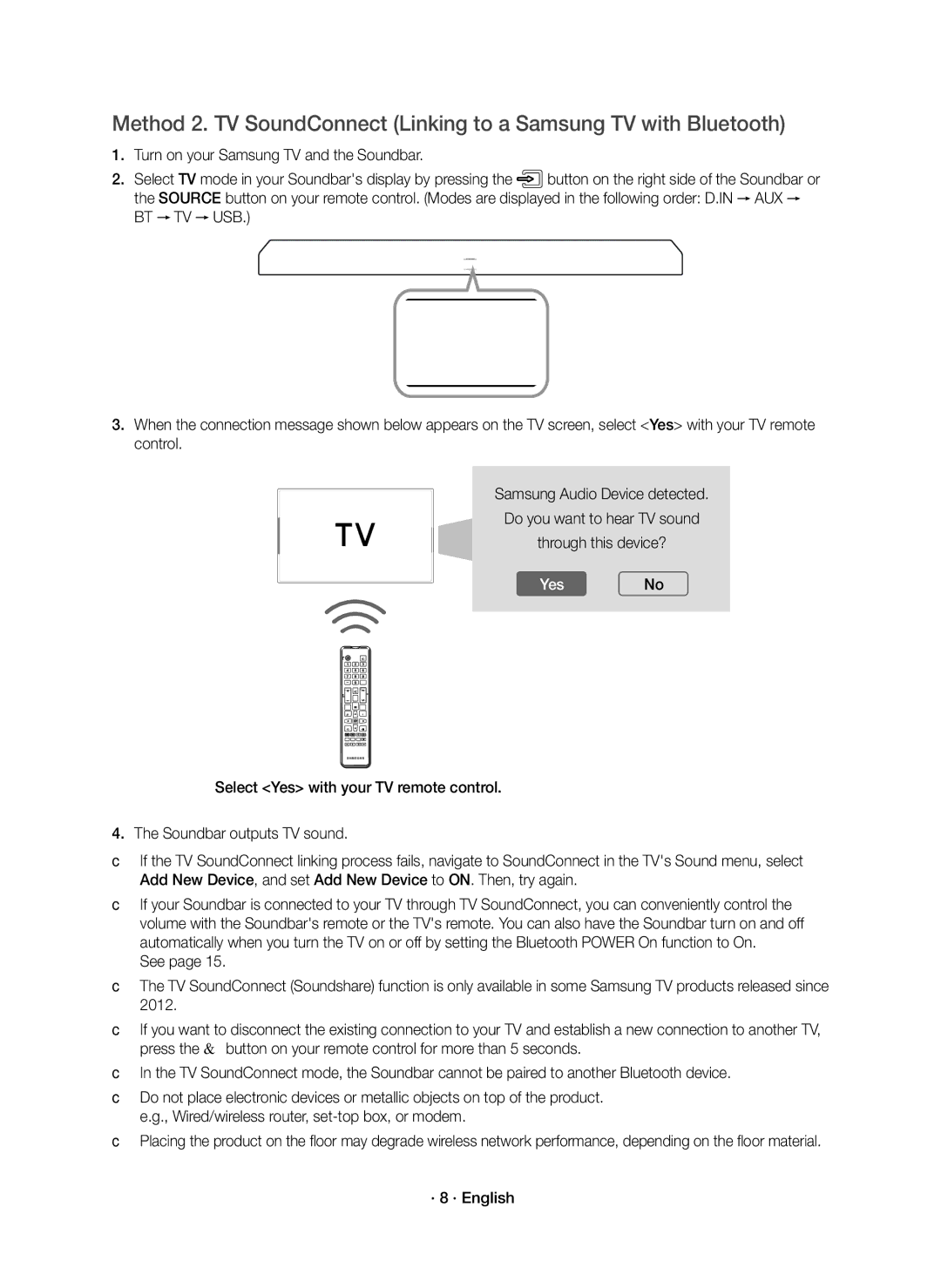 Samsung HW-K430/EN, HW-K430/XN manual YesNo, · 8 · English 