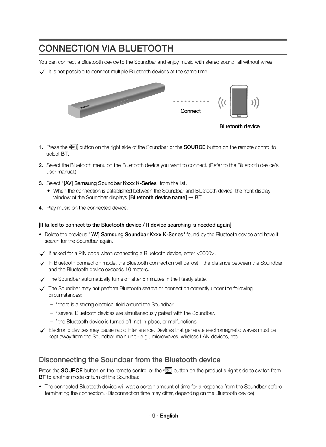 Samsung HW-K430/XN manual Connection VIA Bluetooth, Disconnecting the Soundbar from the Bluetooth device, · 9 · English 