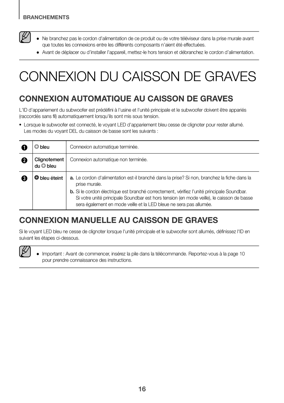 Samsung HW-K430/XN, HW-K430/EN Connexion DU Caisson DE Graves, Connexion Automatique AU Caisson DE Graves, Prise murale 