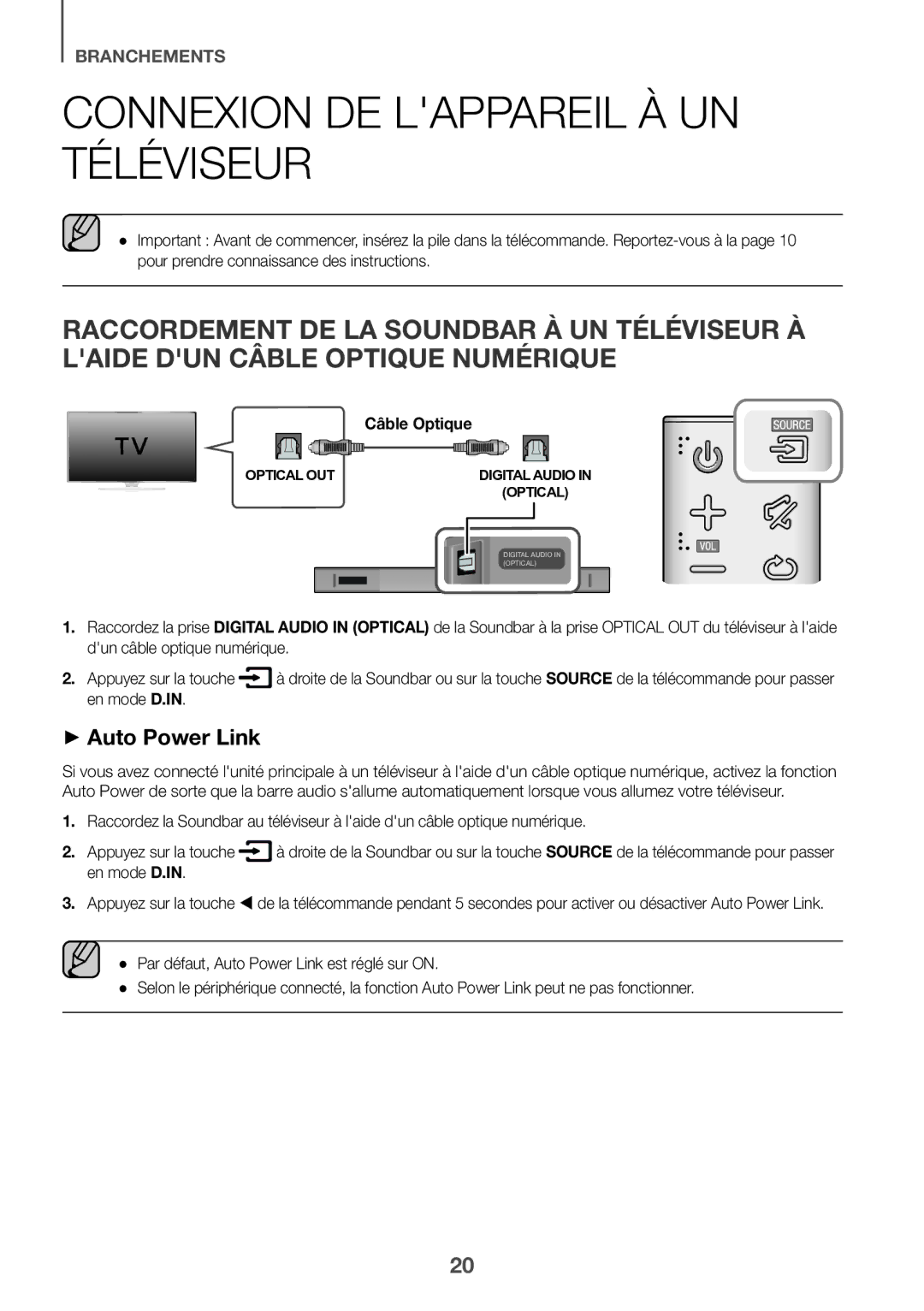 Samsung HW-K430/XN, HW-K430/EN manual Connexion DE Lappareil À UN Téléviseur, Câble Optique, En mode D.IN 