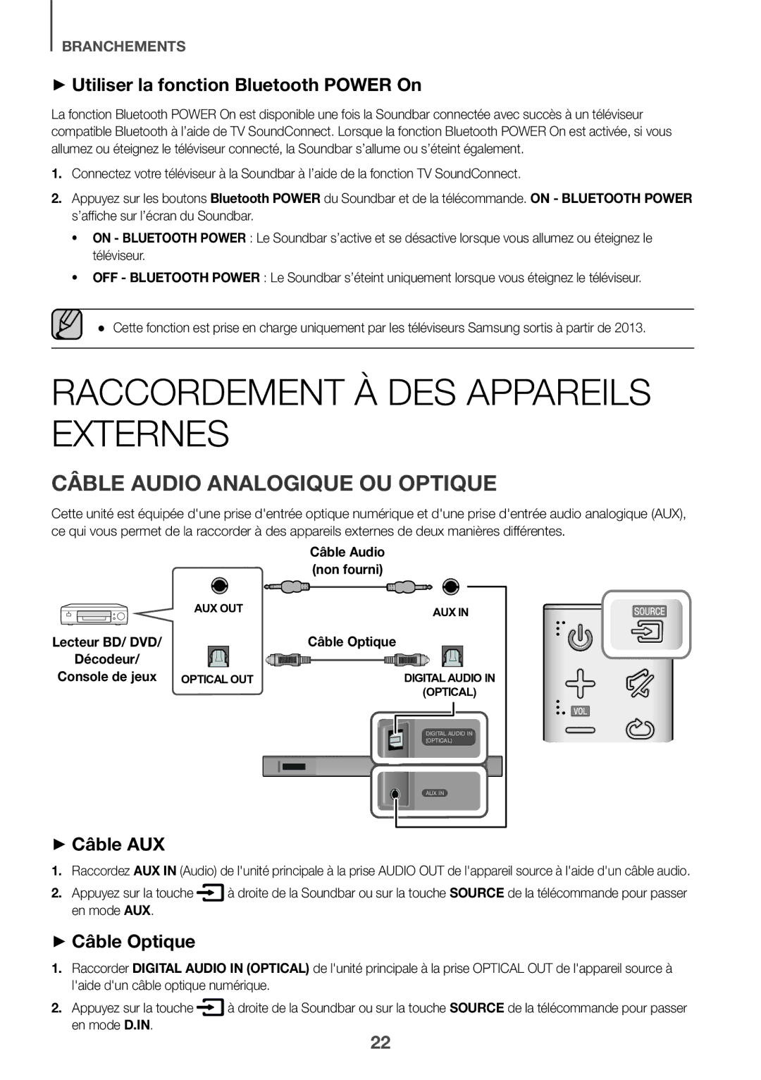 Samsung HW-K430/XN Raccordement À DES Appareils Externes, Câble Audio Analogique OU Optique, ++Câble AUX, ++Câble Optique 