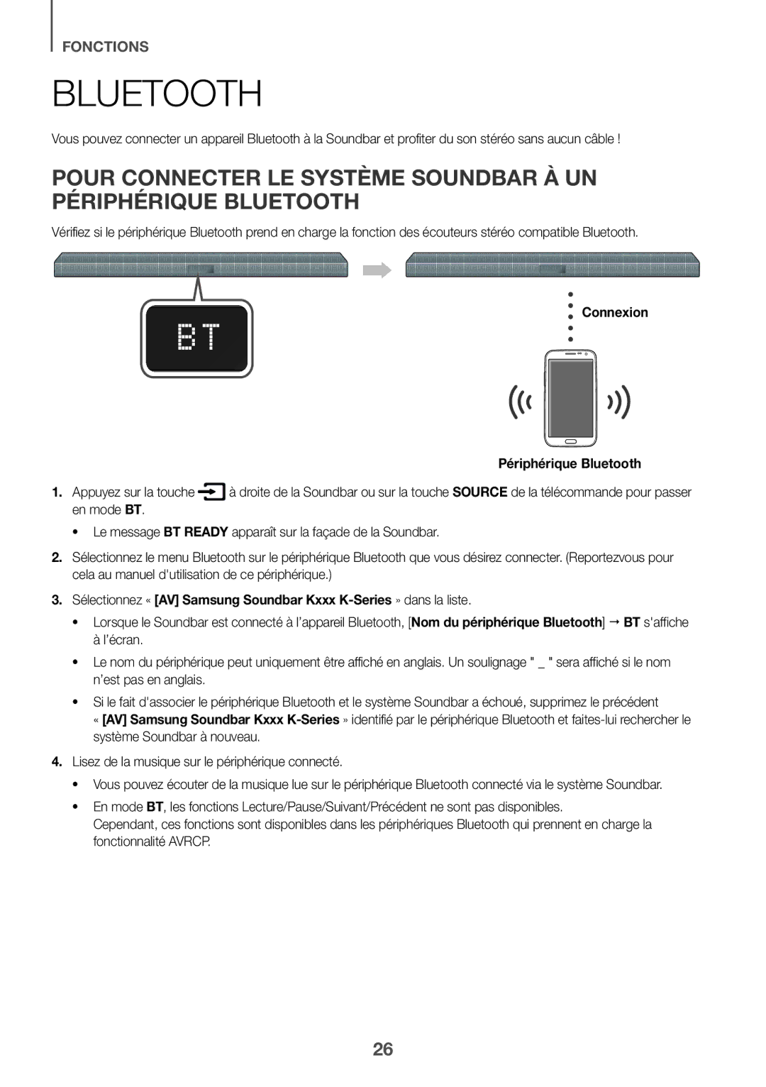 Samsung HW-K430/XN, HW-K430/EN manual Connexion Périphérique Bluetooth Appuyez sur la touche, En mode BT 