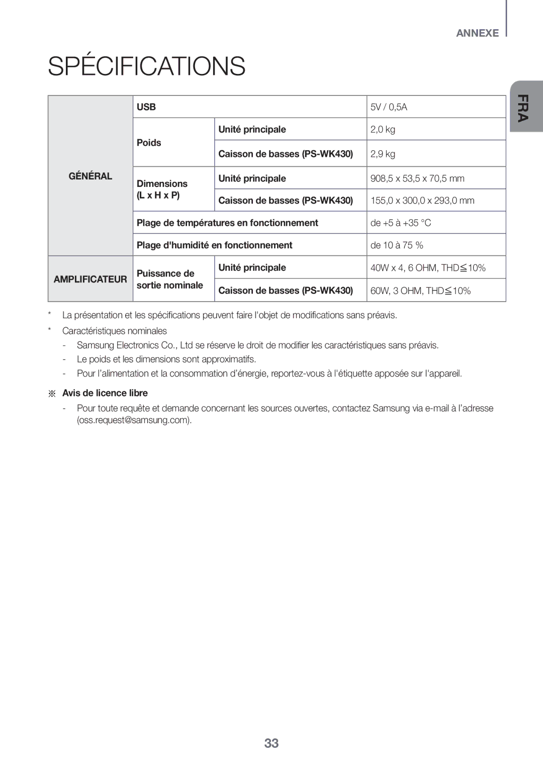 Samsung HW-K430/EN manual Spécifications, Poids Unité principale, Dimensions Unité principale 908,5 x 53,5 x 70,5 mm H x P 