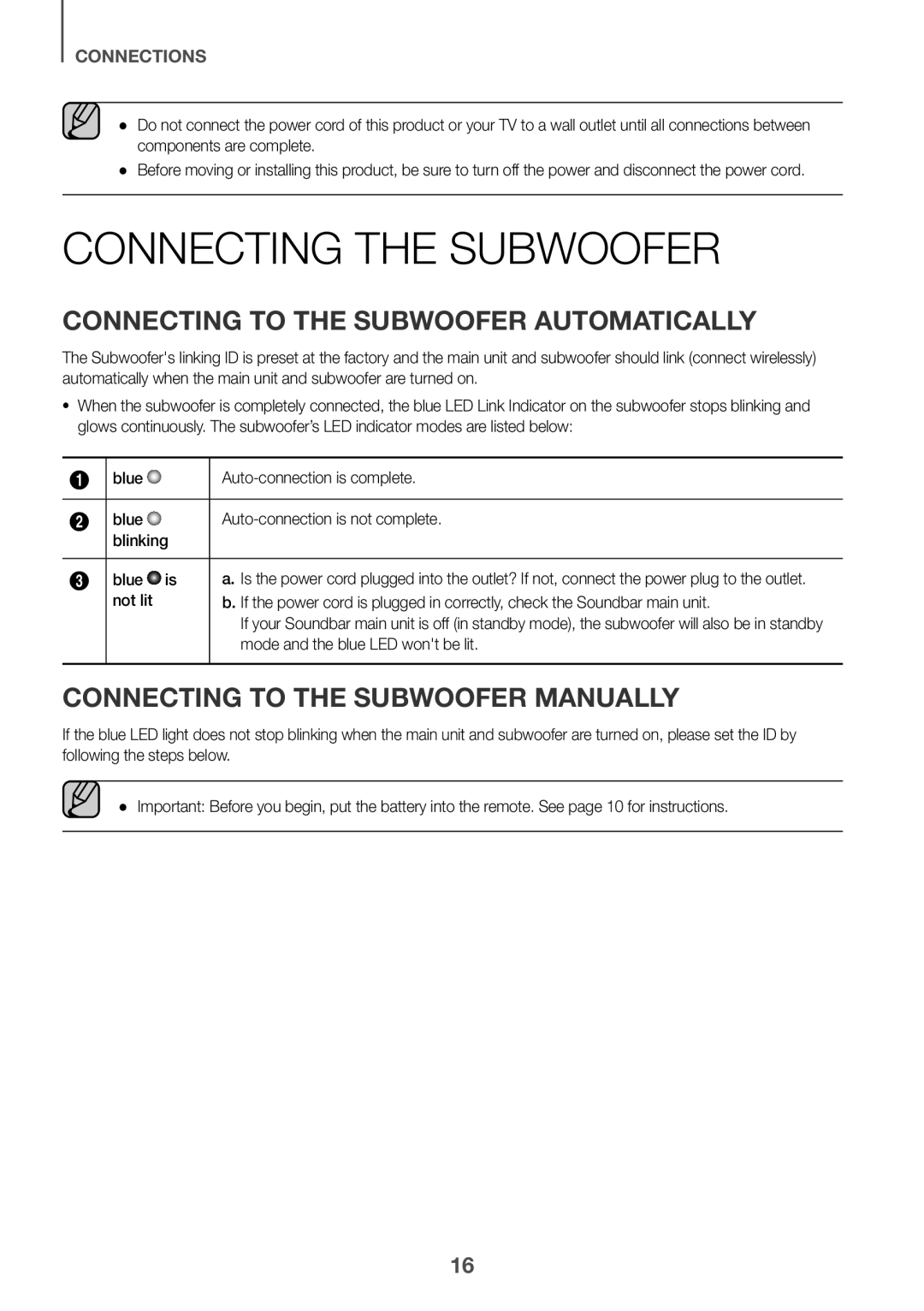 Samsung HW-K430/EN Connecting the Subwoofer, Connecting to the Subwoofer Automatically, Mode and the blue LED wont be lit 