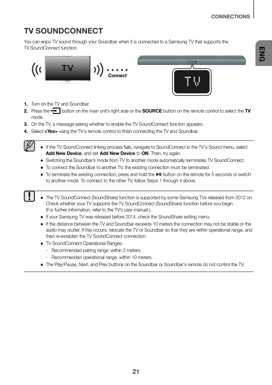 Samsung HW-K430/XN TV Soundconnect, Turn on the TV and Soundbar, Mode Enable the TV SoundConnect function appears 