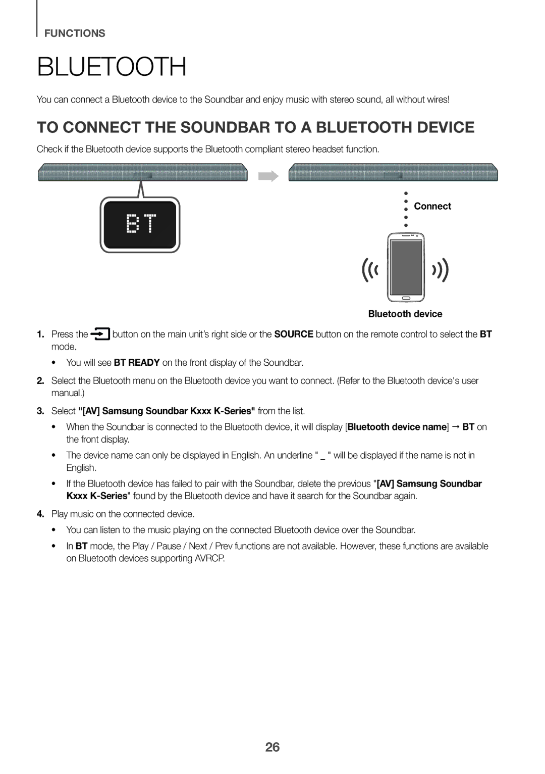 Samsung HW-K430/EN, HW-K430/XN manual To Connect the Soundbar to a Bluetooth Device, Connect Bluetooth device 