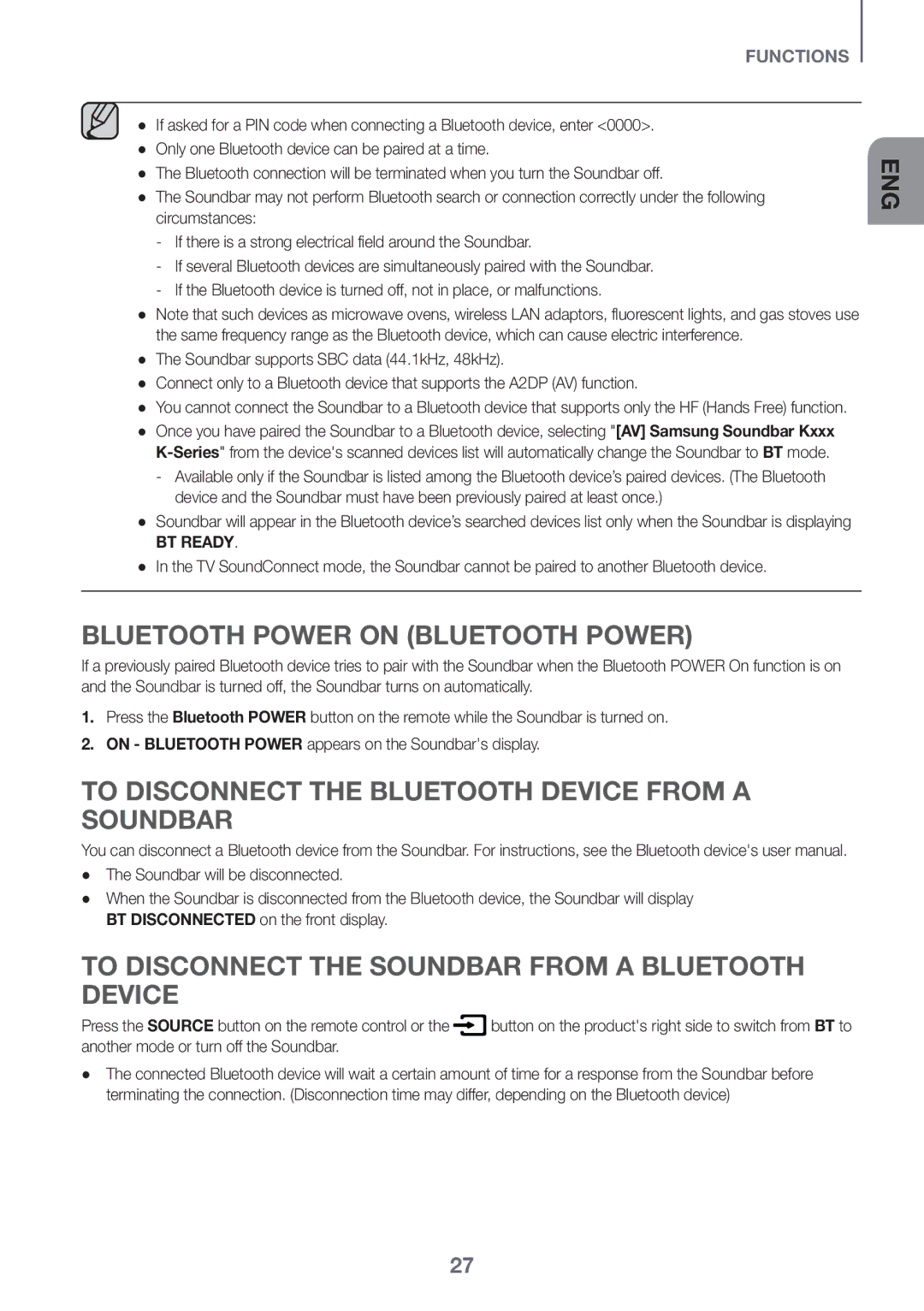 Samsung HW-K430/XN, HW-K430/EN manual Bluetooth Power on Bluetooth Power, To Disconnect the Bluetooth Device from a Soundbar 