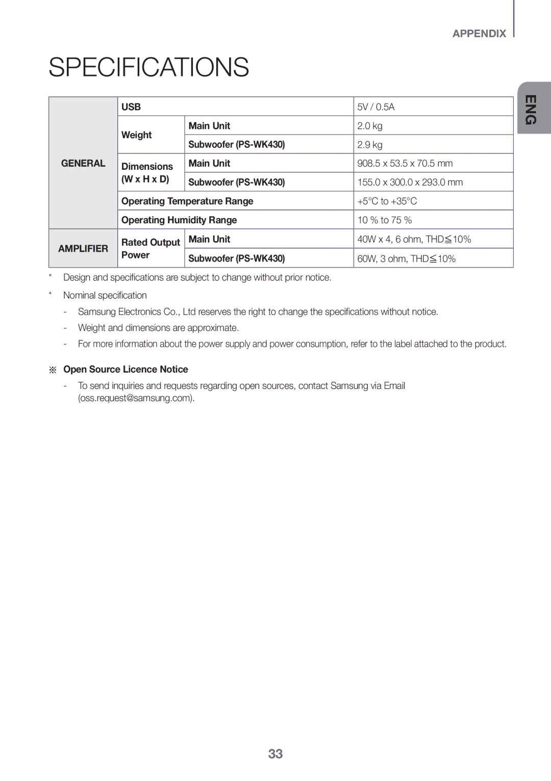 Samsung HW-K430/XN, HW-K430/EN manual Specifications, 5V / 0.5A, Weight Main Unit, Aa Open Source Licence Notice 