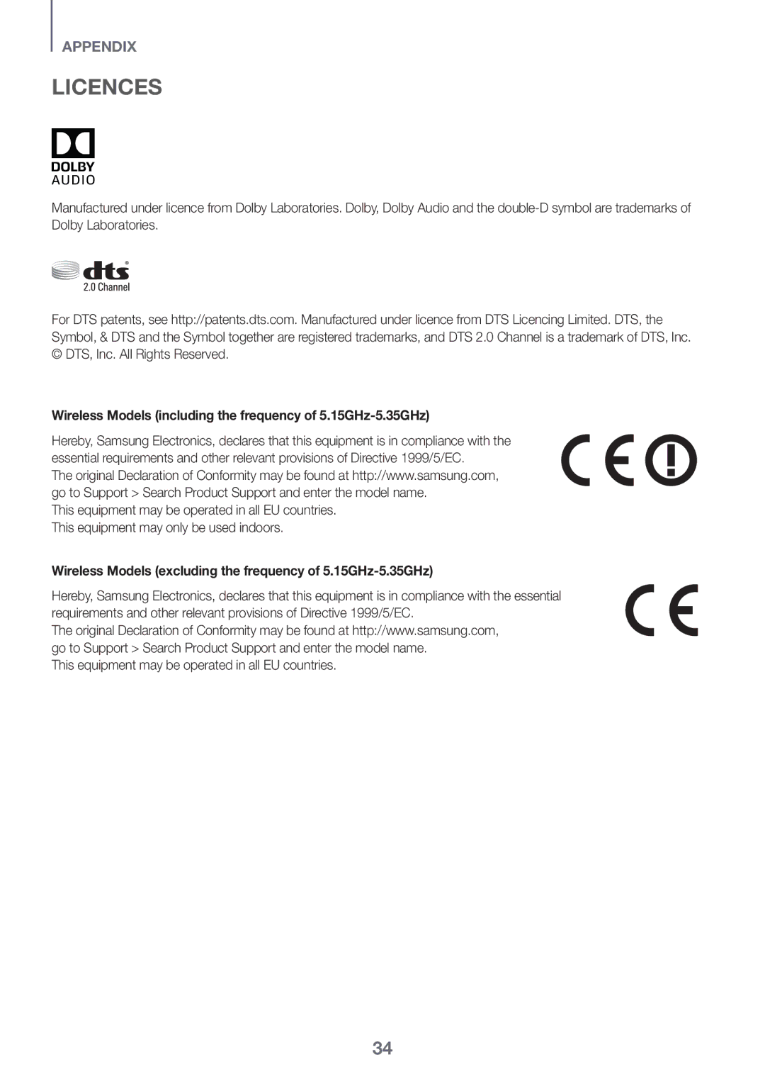 Samsung HW-K430/EN, HW-K430/XN manual Licences, Wireless Models including the frequency of 5.15GHz-5.35GHz 