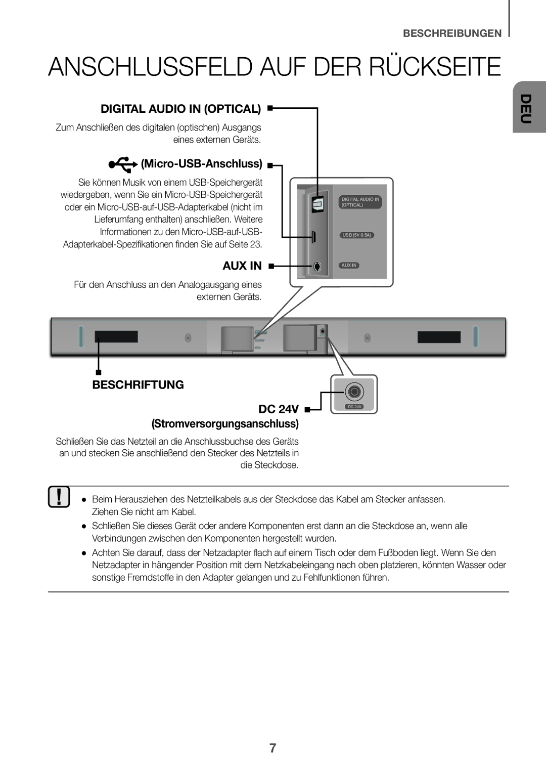 Samsung HW-K430/EN, HW-K430/XN manual Anschlussfeld AUF DER Rückseite, DC 24V Stromversorgungsanschluss 