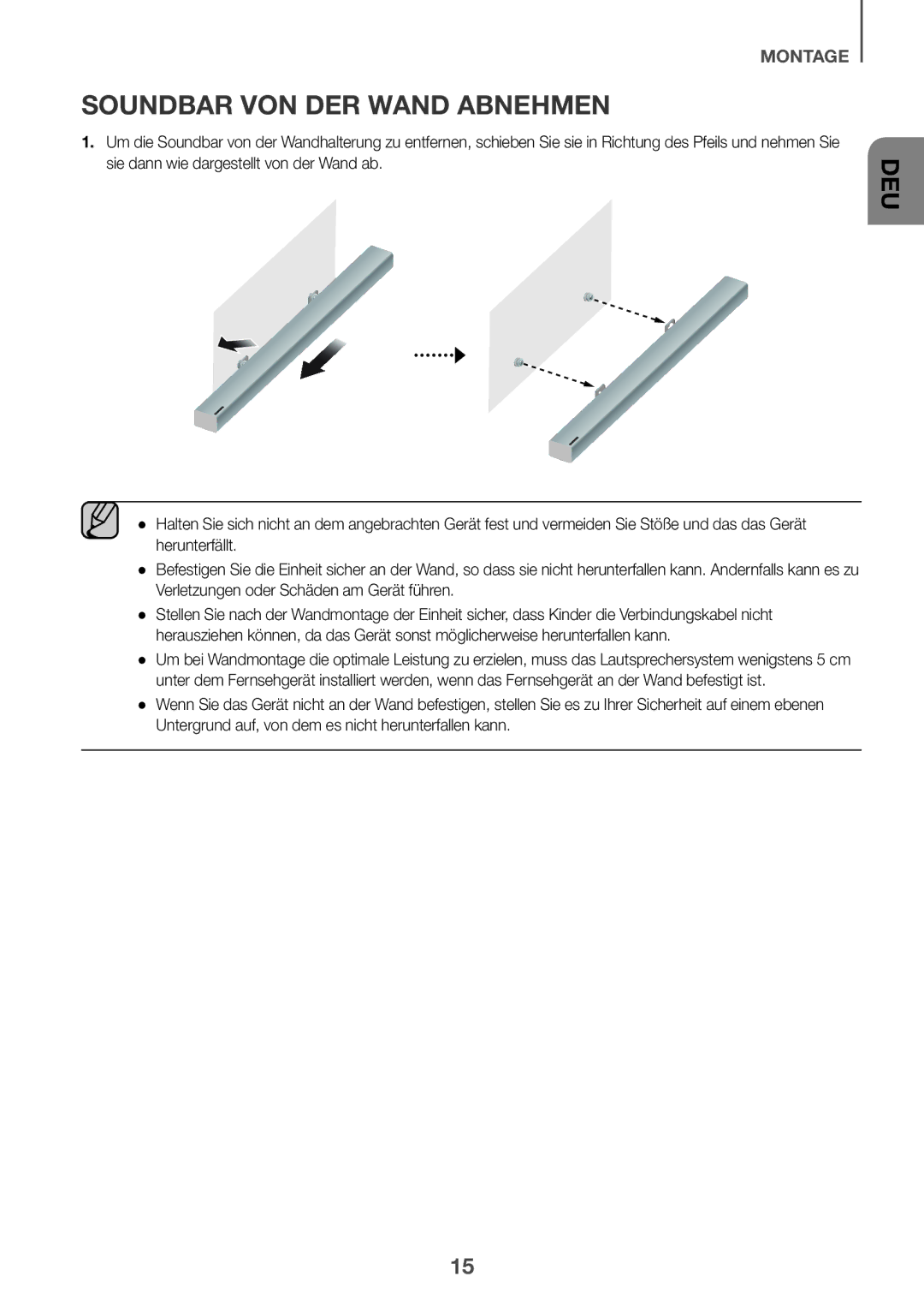 Samsung HW-K430/EN, HW-K430/XN manual Soundbar VON DER Wand Abnehmen 