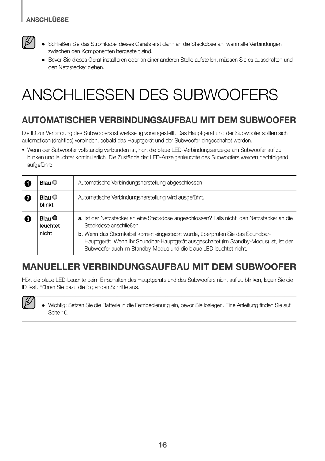 Samsung HW-K430/XN, HW-K430/EN manual Anschliessen DES Subwoofers, Automatischer Verbindungsaufbau MIT DEM Subwoofer 