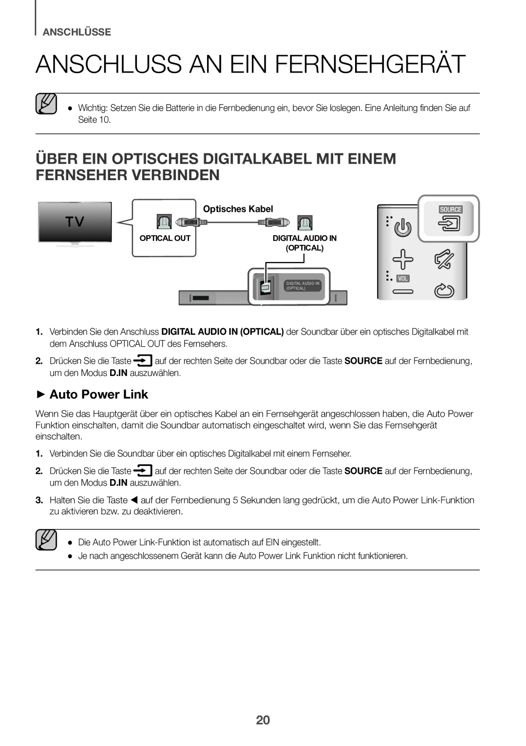 Samsung HW-K430/XN, HW-K430/EN manual Anschluss AN EIN Fernsehgerät, Optisches Kabel 