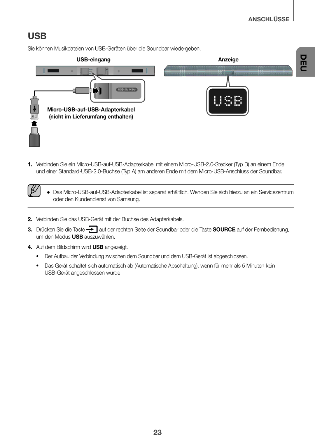 Samsung HW-K430/EN, HW-K430/XN manual Usb, USB-eingang 