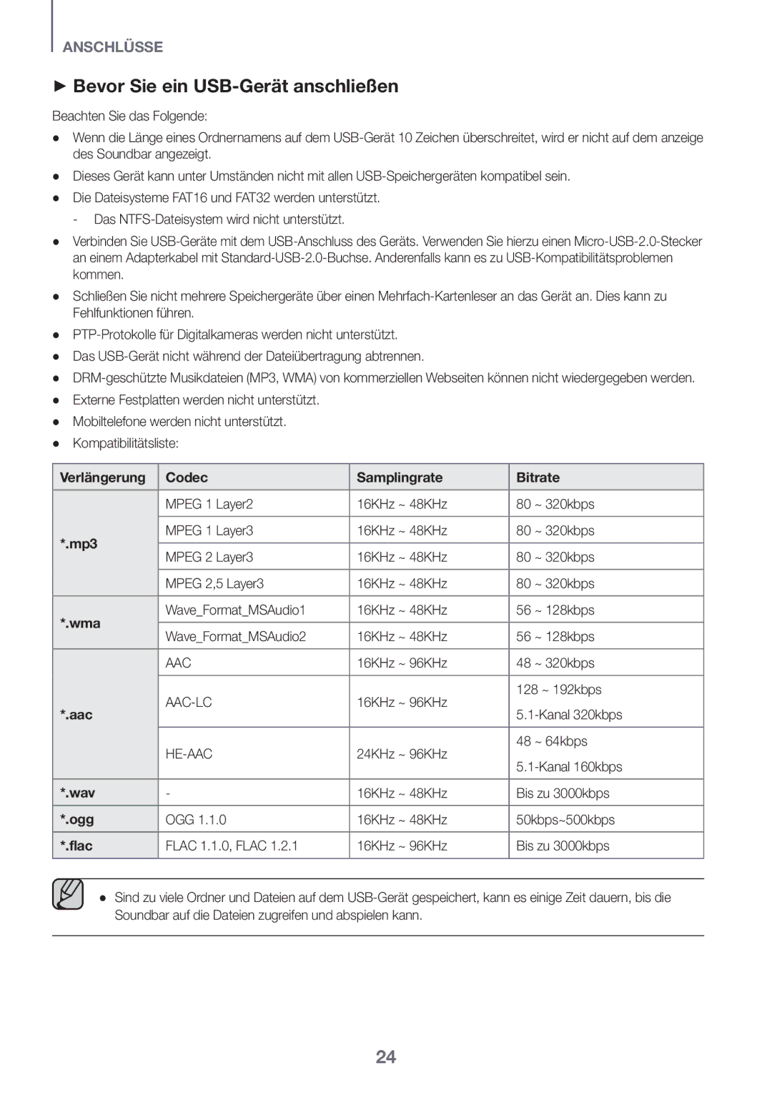 Samsung HW-K430/XN, HW-K430/EN manual ++Bevor Sie ein USB-Gerät anschließen, Verlängerung Codec Samplingrate Bitrate 