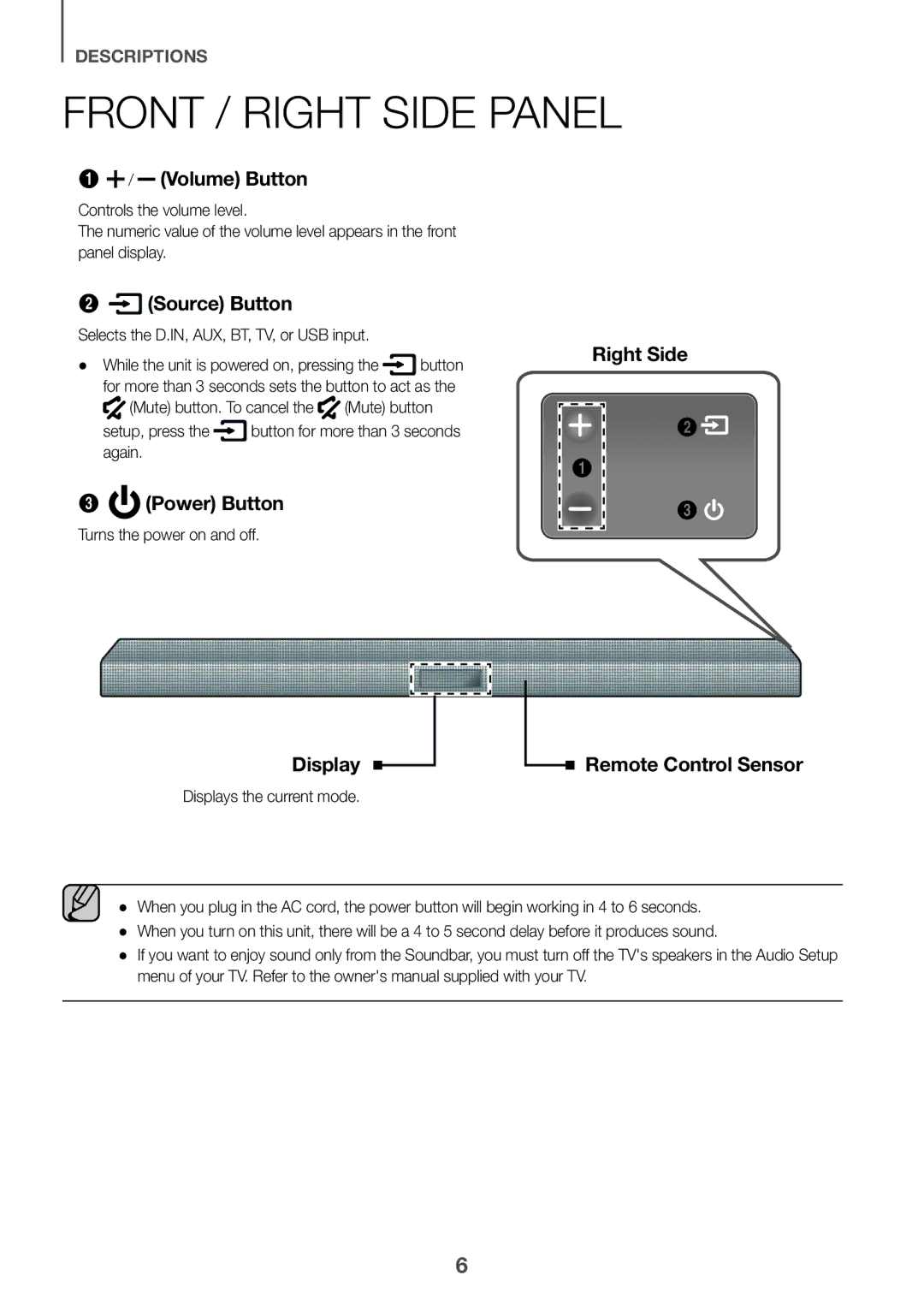 Samsung HW-K430/EN manual Front / Right Side Panel, Selects the D.IN, AUX, BT, TV, or USB input, Turns the power on and off 