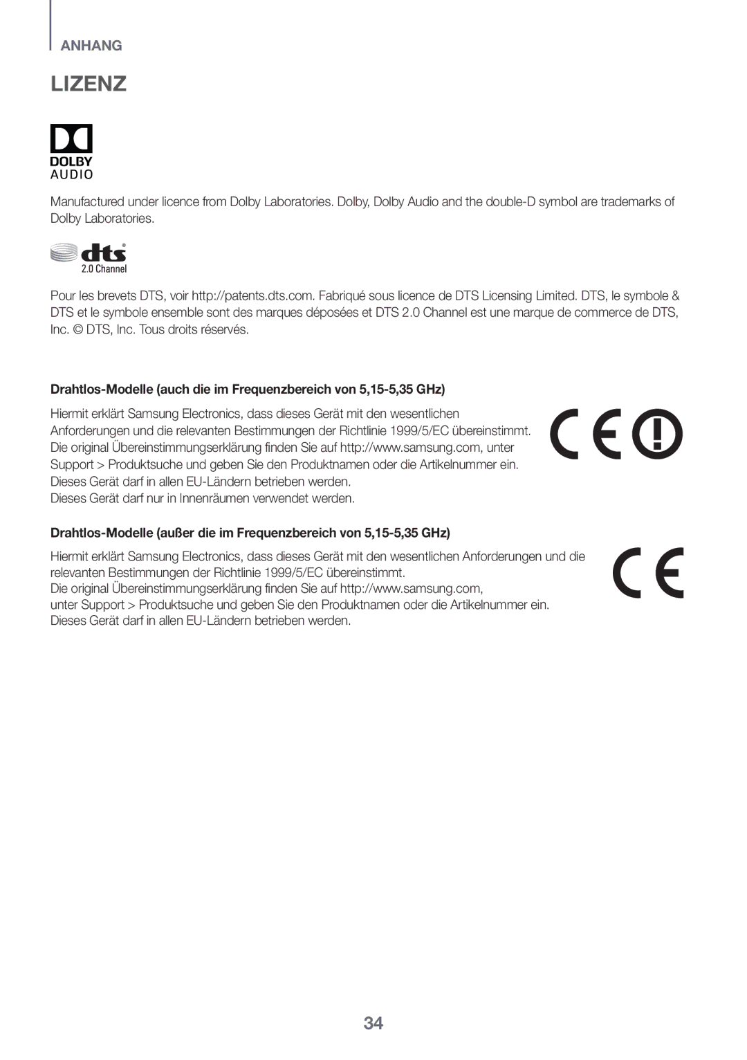 Samsung HW-K430/XN, HW-K430/EN manual Lizenz, Dieses Gerät darf nur in Innenräumen verwendet werden 