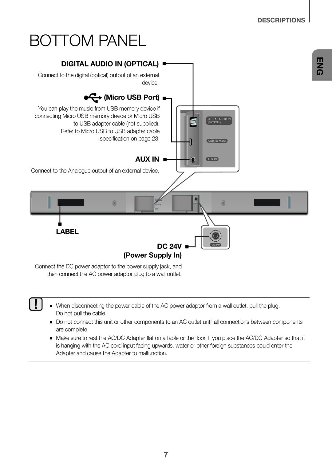 Samsung HW-K430/XN, HW-K430/EN manual Bottom Panel, Connect to the Analogue output of an external device 