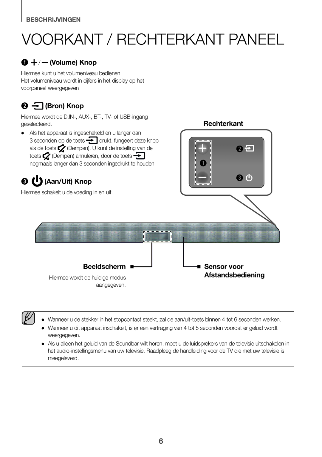 Samsung HW-K430/EN, HW-K430/XN manual Voorkant / Rechterkant Paneel, Hiermee schakelt u de voeding in en uit 