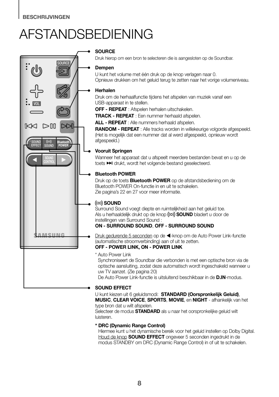 Samsung HW-K430/EN, HW-K430/XN manual Afstandsbediening, Dempen, Herhalen, Vooruit Springen 