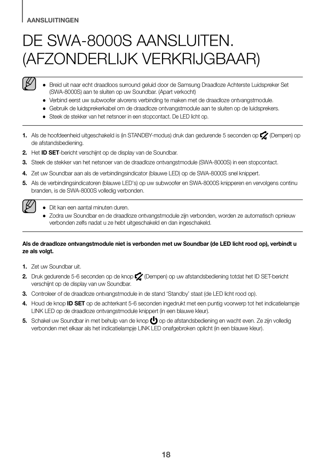 Samsung HW-K430/EN, HW-K430/XN manual DE SWA-8000S AANSLUITEN. Afzonderlijk Verkrijgbaar 