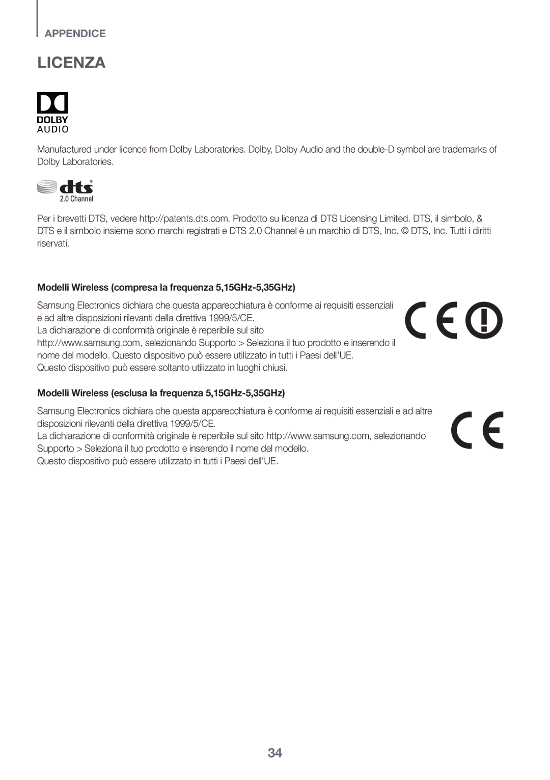 Samsung HW-K430/EN, HW-K430/ZF manual Licenza, Modelli Wireless compresa la frequenza 5,15GHz-5,35GHz 