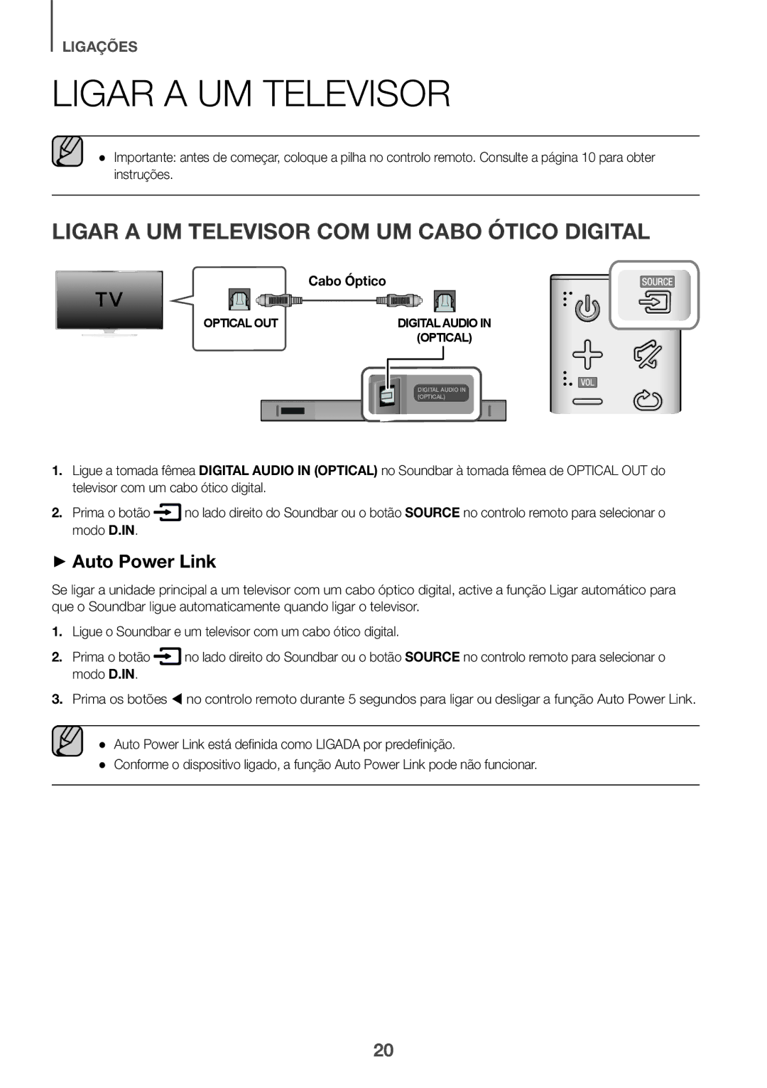 Samsung HW-K430/ZF, HW-K430/EN manual Ligar a UM Televisor COM UM Cabo Ótico Digital, Modo D.IN 