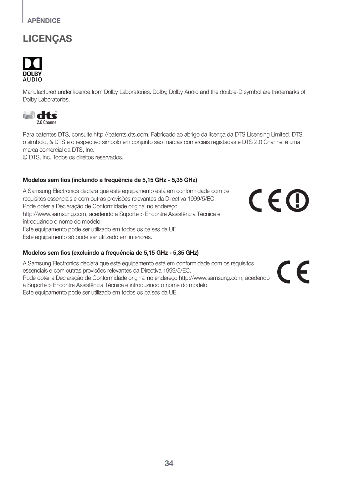 Samsung HW-K430/ZF, HW-K430/EN manual Licenças, Modelos sem fios incluindo a frequência de 5,15 GHz 5,35 GHz 