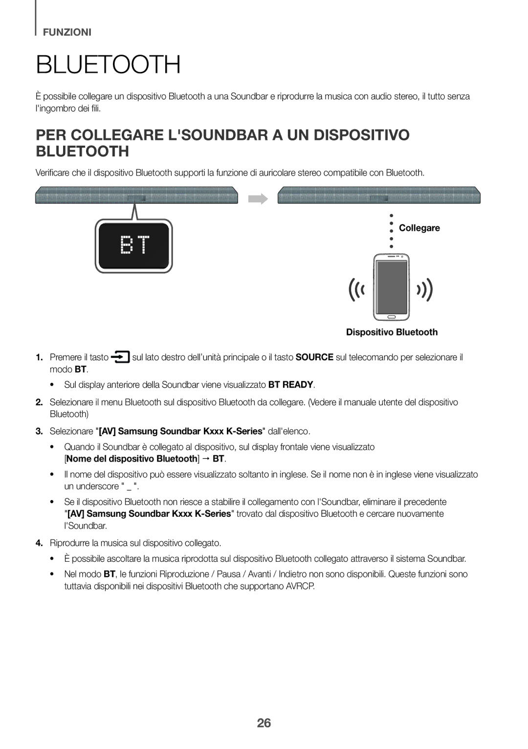 Samsung HW-K430/EN PER Collegare Lsoundbar a UN Dispositivo Bluetooth, Collegare Dispositivo Bluetooth Premere il tasto 