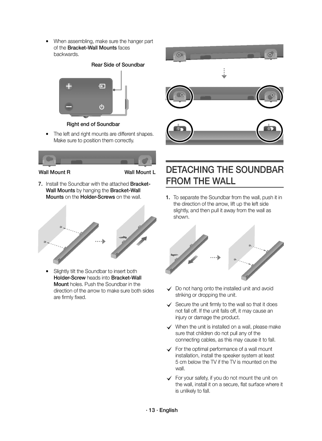 Samsung HW-K430/ZF manual Detaching the Soundbar from the Wall, Wall Mount R Wall Mount L 