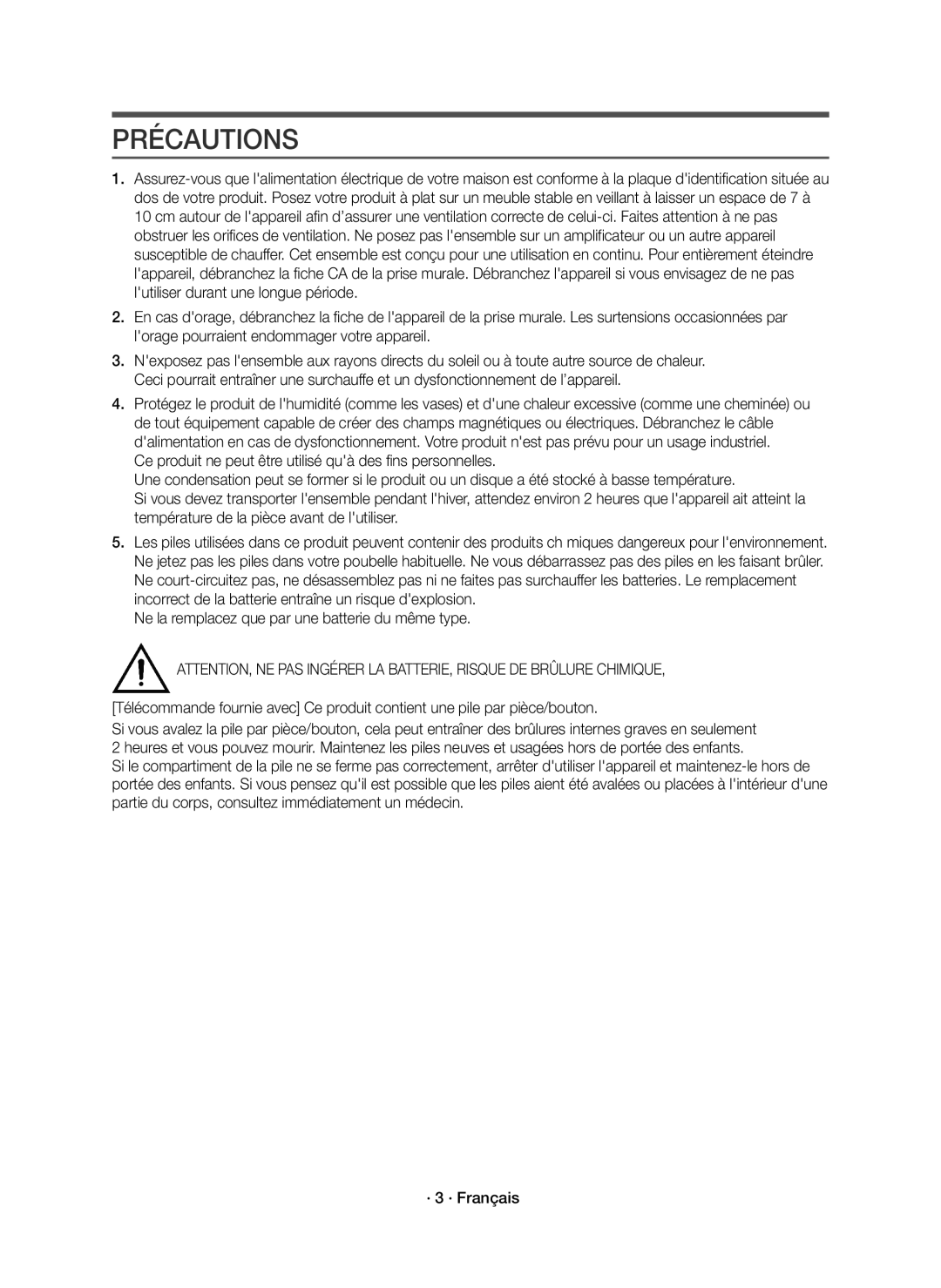 Samsung HW-K430/ZF manual Précautions 