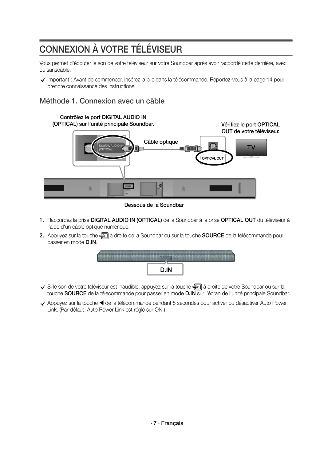 Samsung HW-K430/ZF manual Connexion À Votre Téléviseur, Méthode 1. Connexion avec un câble 