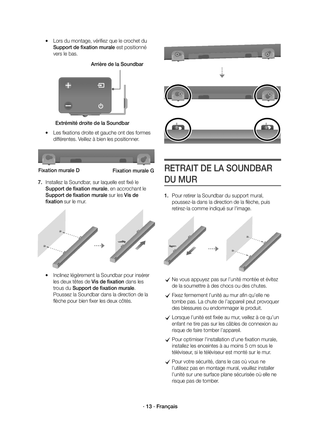 Samsung HW-K430/ZF manual Retrait DE LA Soundbar DU MUR, Fixation murale D 