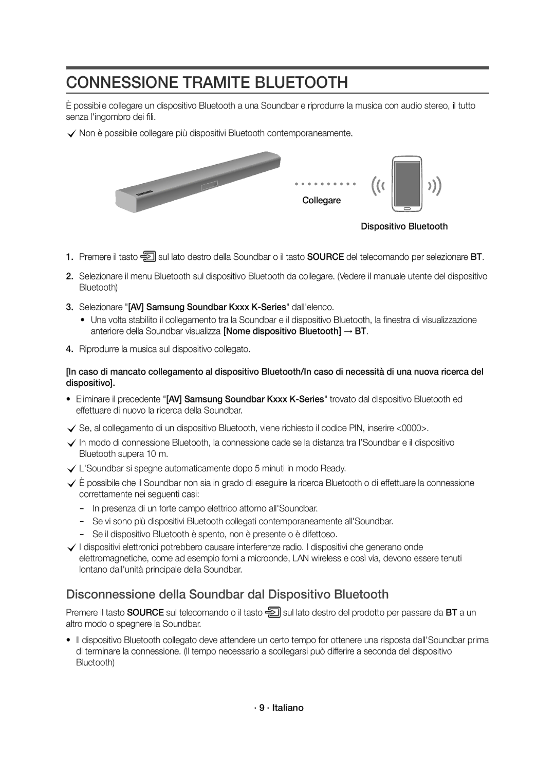 Samsung HW-K430/ZF manual Connessione Tramite Bluetooth, Disconnessione della Soundbar dal Dispositivo Bluetooth 