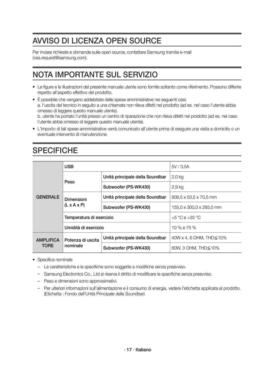 Samsung HW-K430/ZF manual Avviso DI Licenza Open Source, Nota Importante SUL Servizio, Specifiche, Amplifica, Tore 