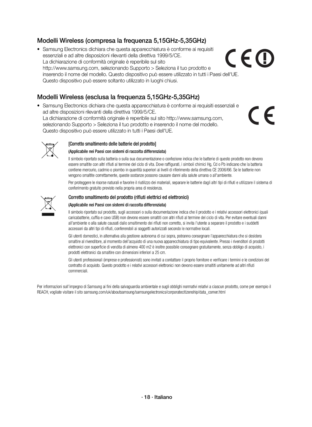 Samsung HW-K430/ZF manual Modelli Wireless compresa la frequenza 5,15GHz-5,35GHz, · 18 · Italiano 