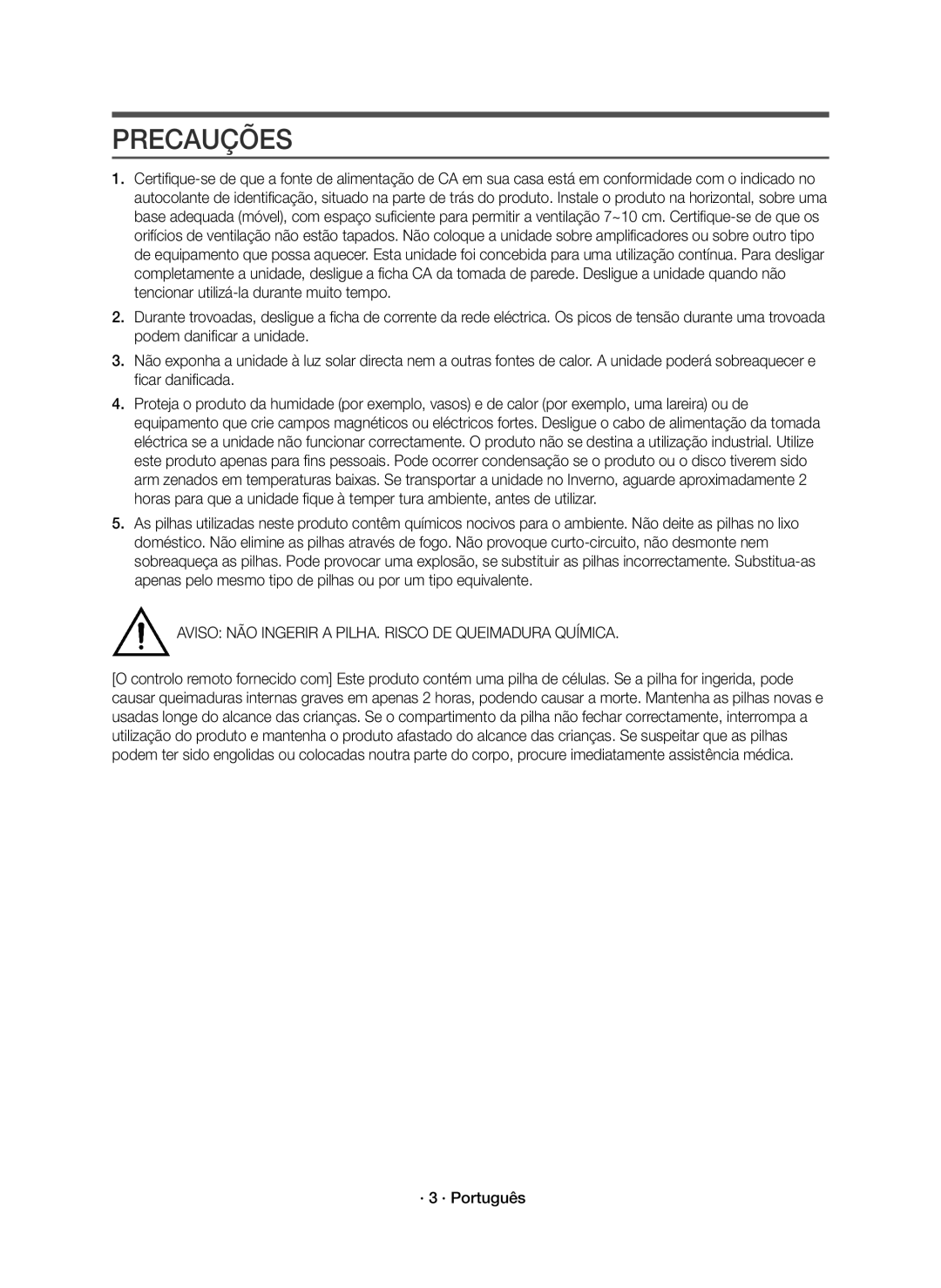 Samsung HW-K430/ZF manual Precauções, Aviso NÃO Ingerir a PILHA. Risco DE Queimadura Química, · 3 · Português 