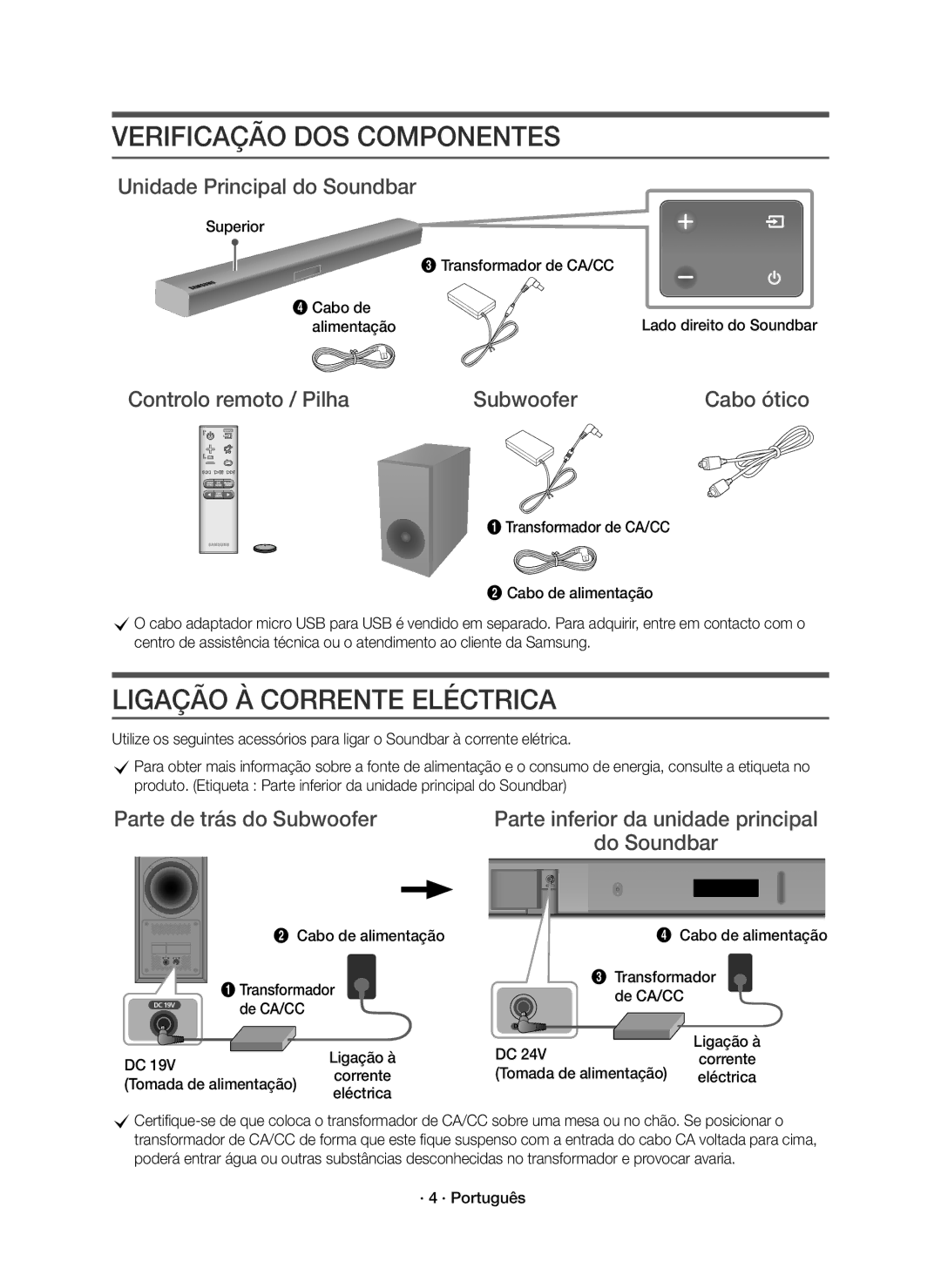 Samsung HW-K430/ZF manual Verificação DOS Componentes, Ligação À Corrente Eléctrica, Unidade Principal do Soundbar 