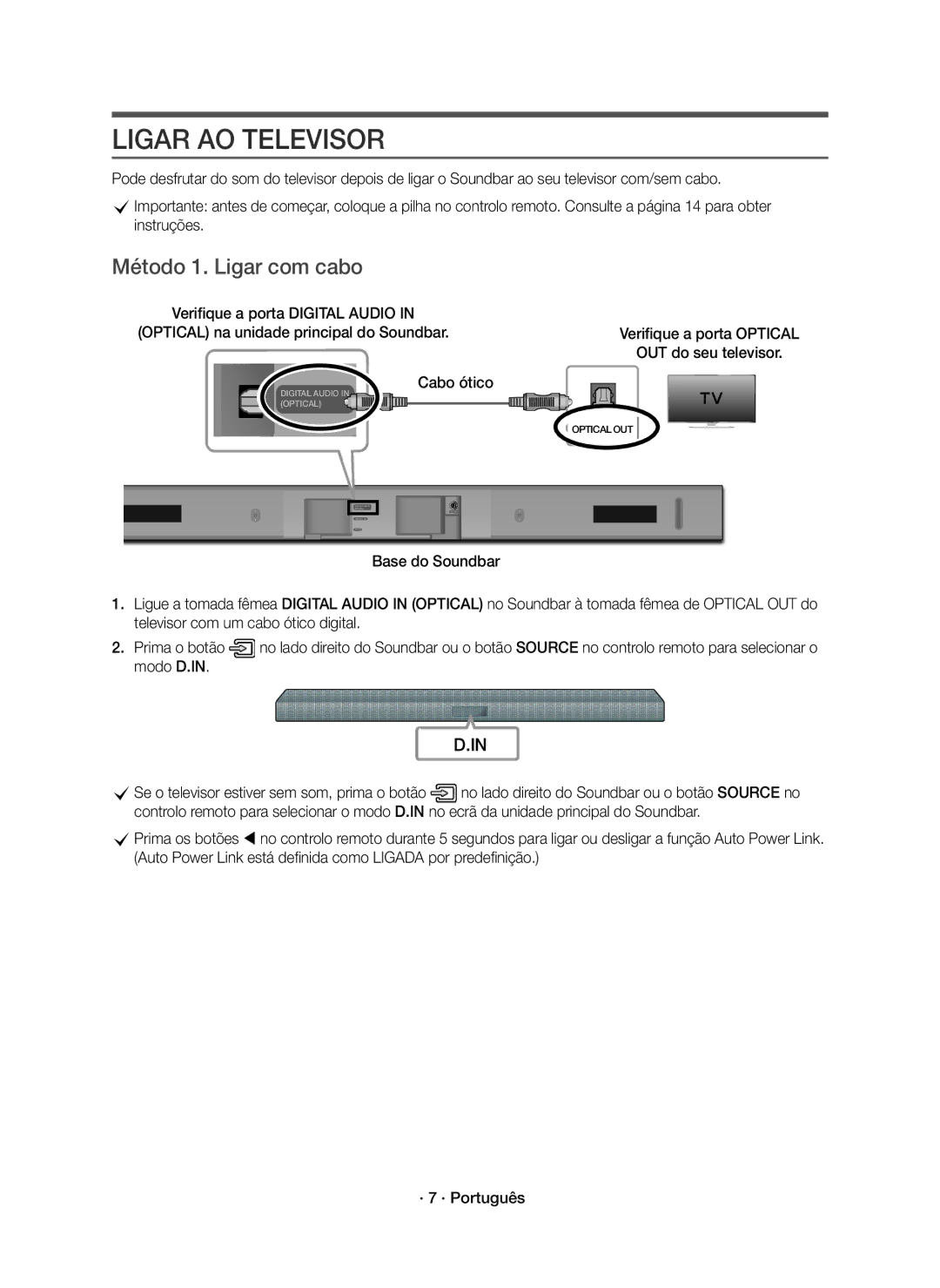 Samsung HW-K430/ZF manual Ligar AO Televisor, Método 1. Ligar com cabo 