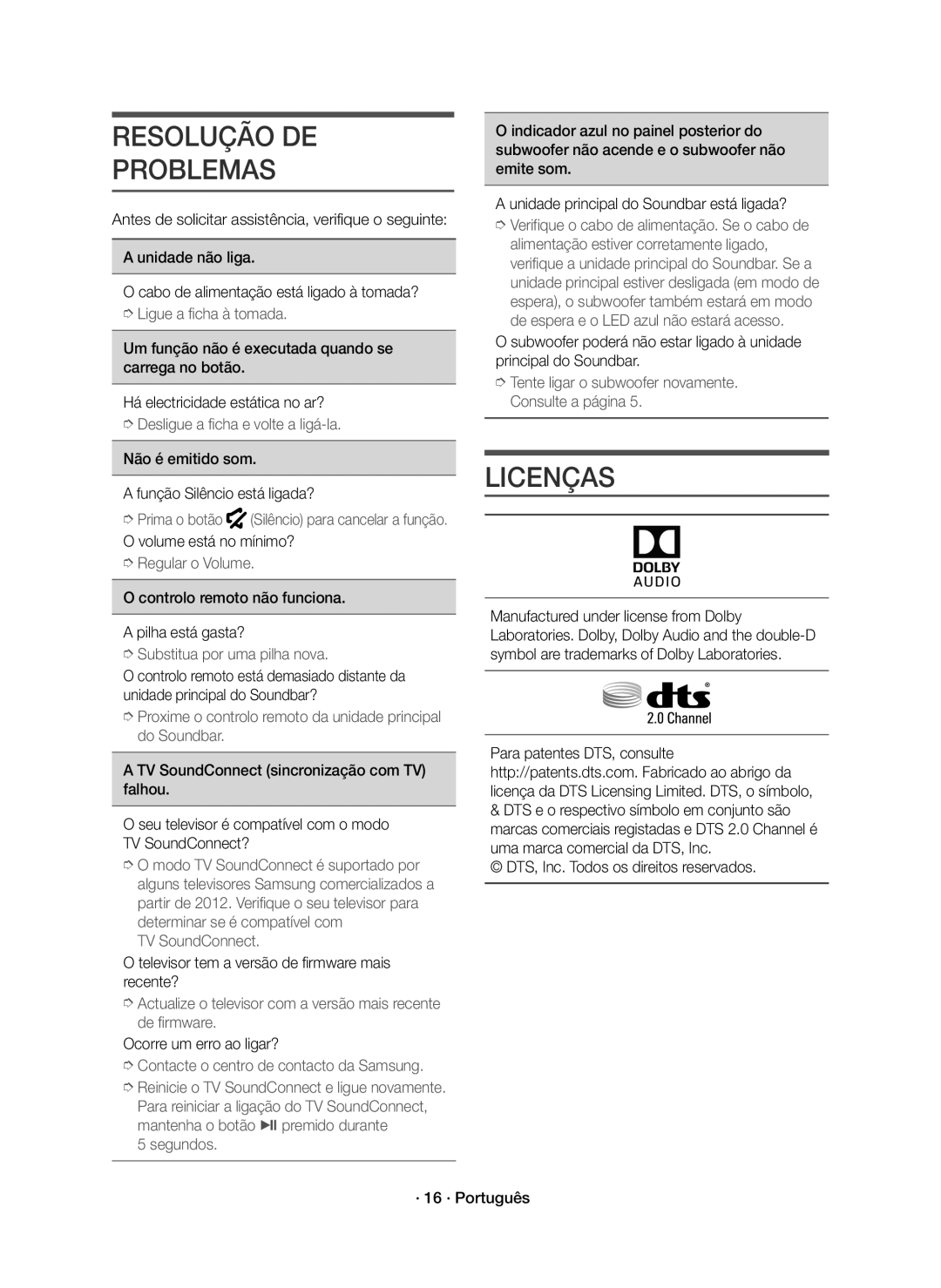 Samsung HW-K430/ZF manual Resolução DE Problemas, Licenças 