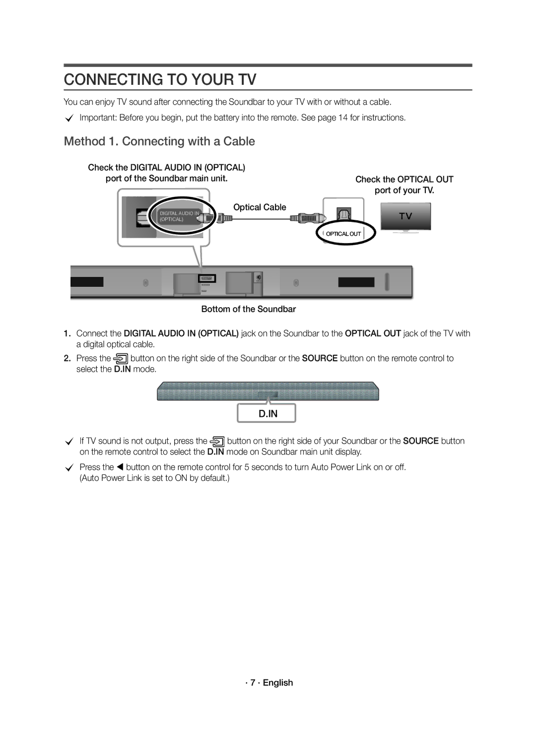 Samsung HW-K430/ZF manual Connecting to Your TV, Method 1. Connecting with a Cable 