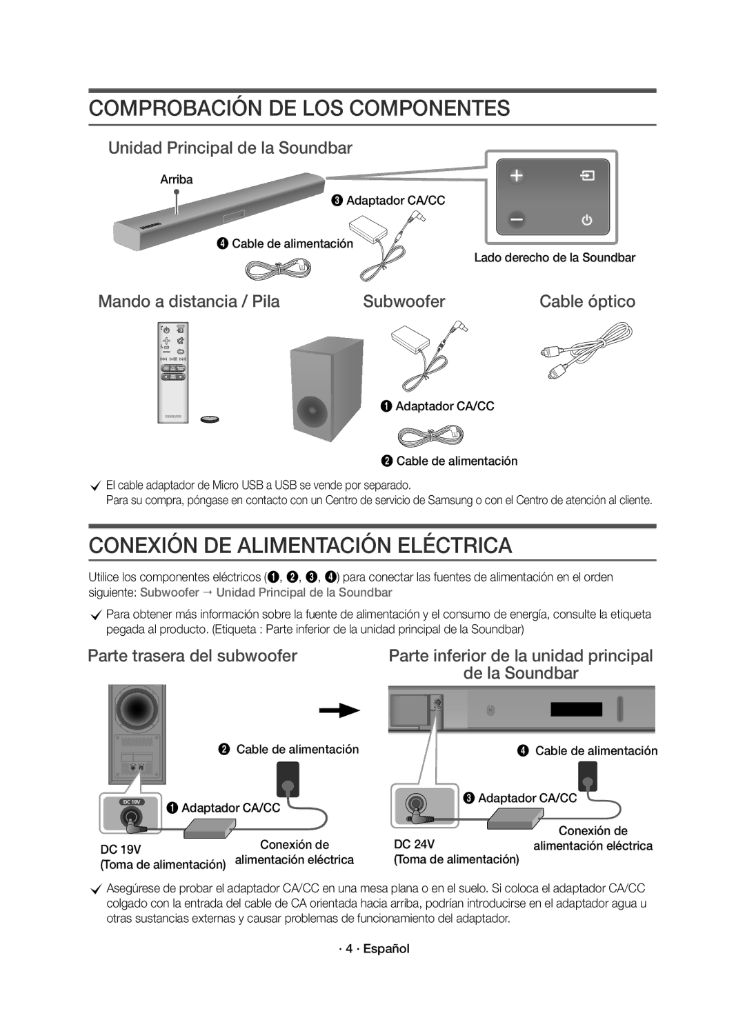 Samsung HW-K430/ZF Comprobación DE LOS Componentes, Conexión DE Alimentación Eléctrica, Unidad Principal de la Soundbar 