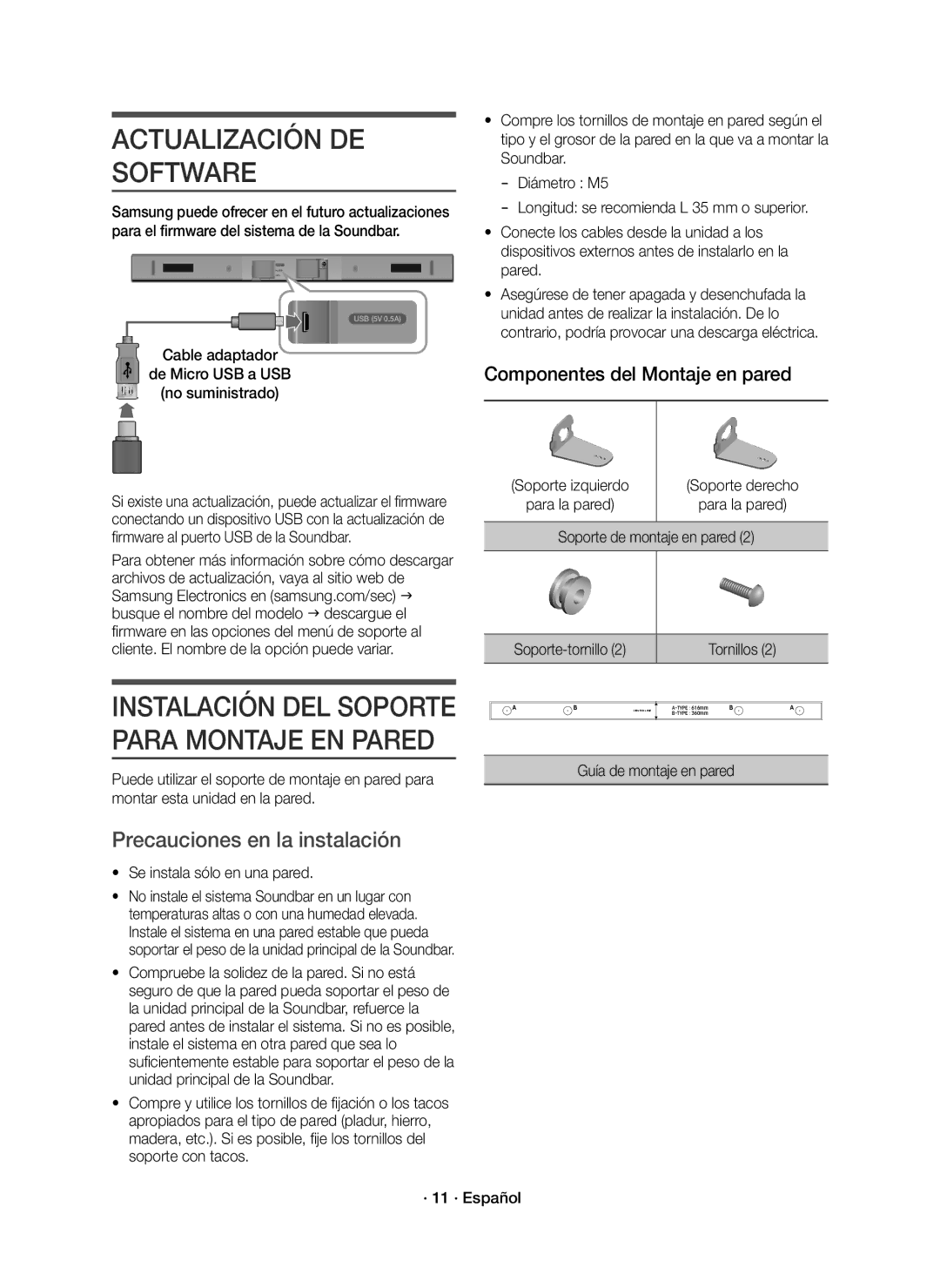 Samsung HW-K430/ZF Actualización DE Software, Precauciones en la instalación, Se instala sólo en una pared, · 11 · Español 