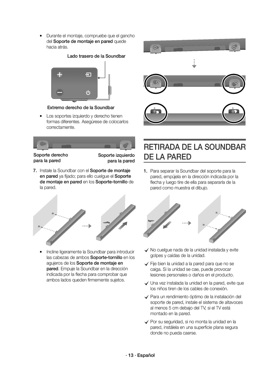 Samsung HW-K430/ZF manual Retirada DE LA Soundbar DE LA Pared, Para la pared 