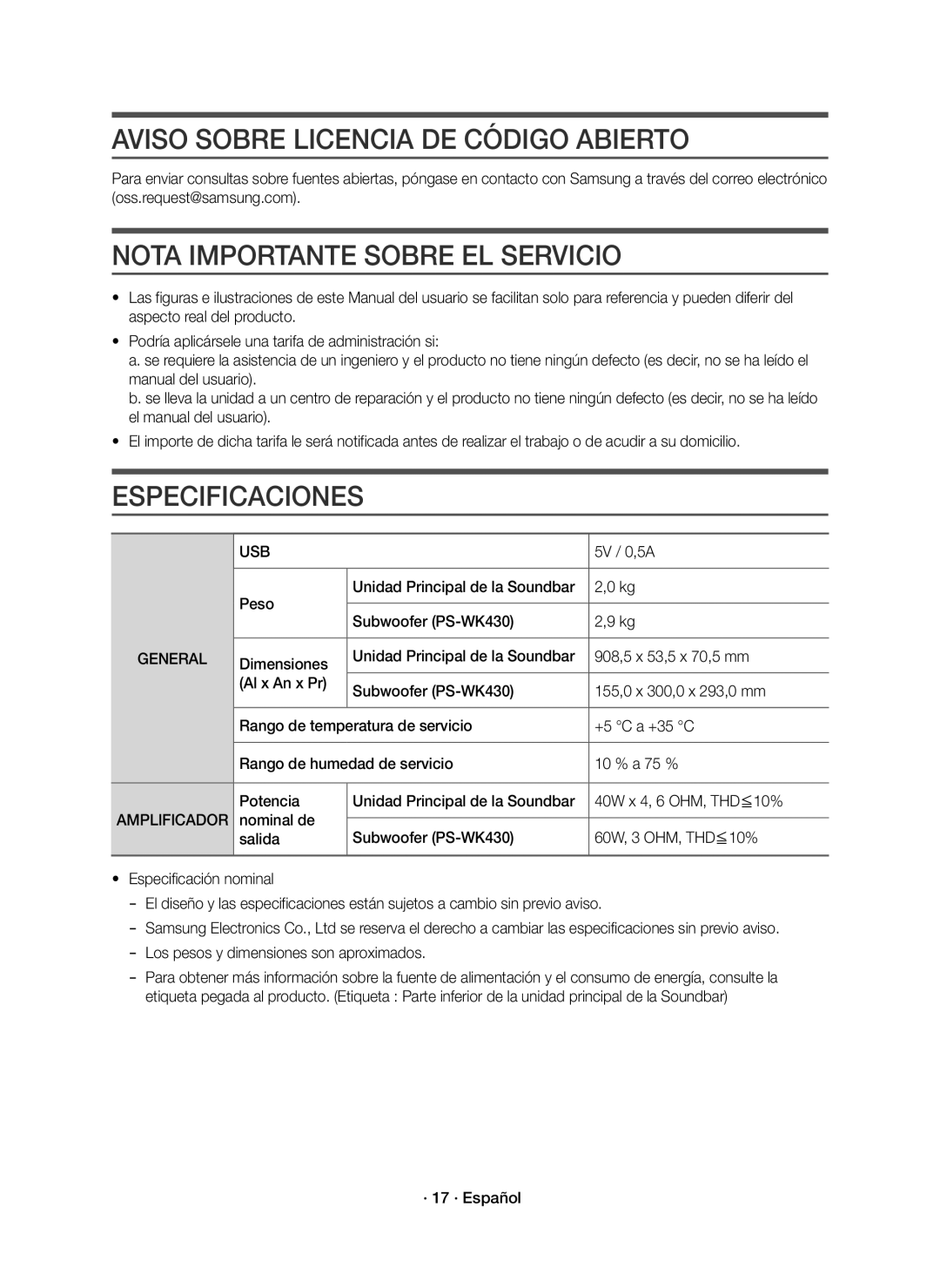 Samsung HW-K430/ZF manual Aviso Sobre Licencia DE Código Abierto, Nota Importante Sobre EL Servicio, Especificaciones 