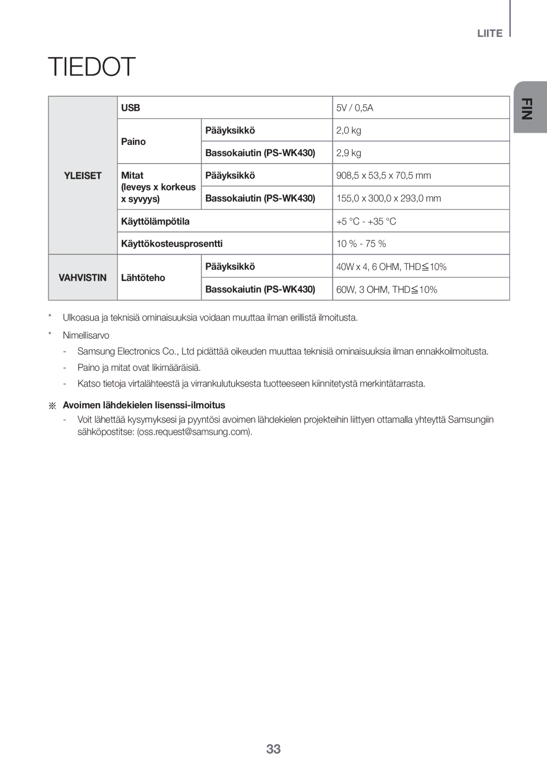 Samsung HW-K440/XE manual Tiedot, Paino Pääyksikkö Bassokaiutin PS-WK430, Mitat Pääyksikkö 908,5 x 53,5 x 70,5 mm 