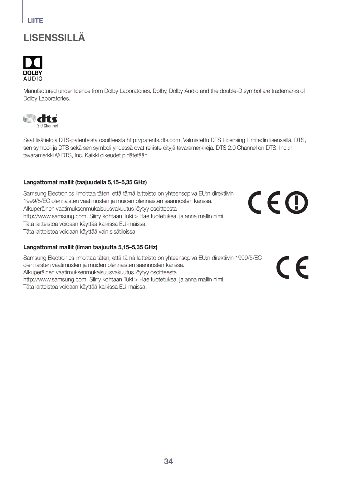 Samsung HW-K440/XE manual Lisenssillä, Langattomat mallit taajuudella 5,15-5,35 GHz 