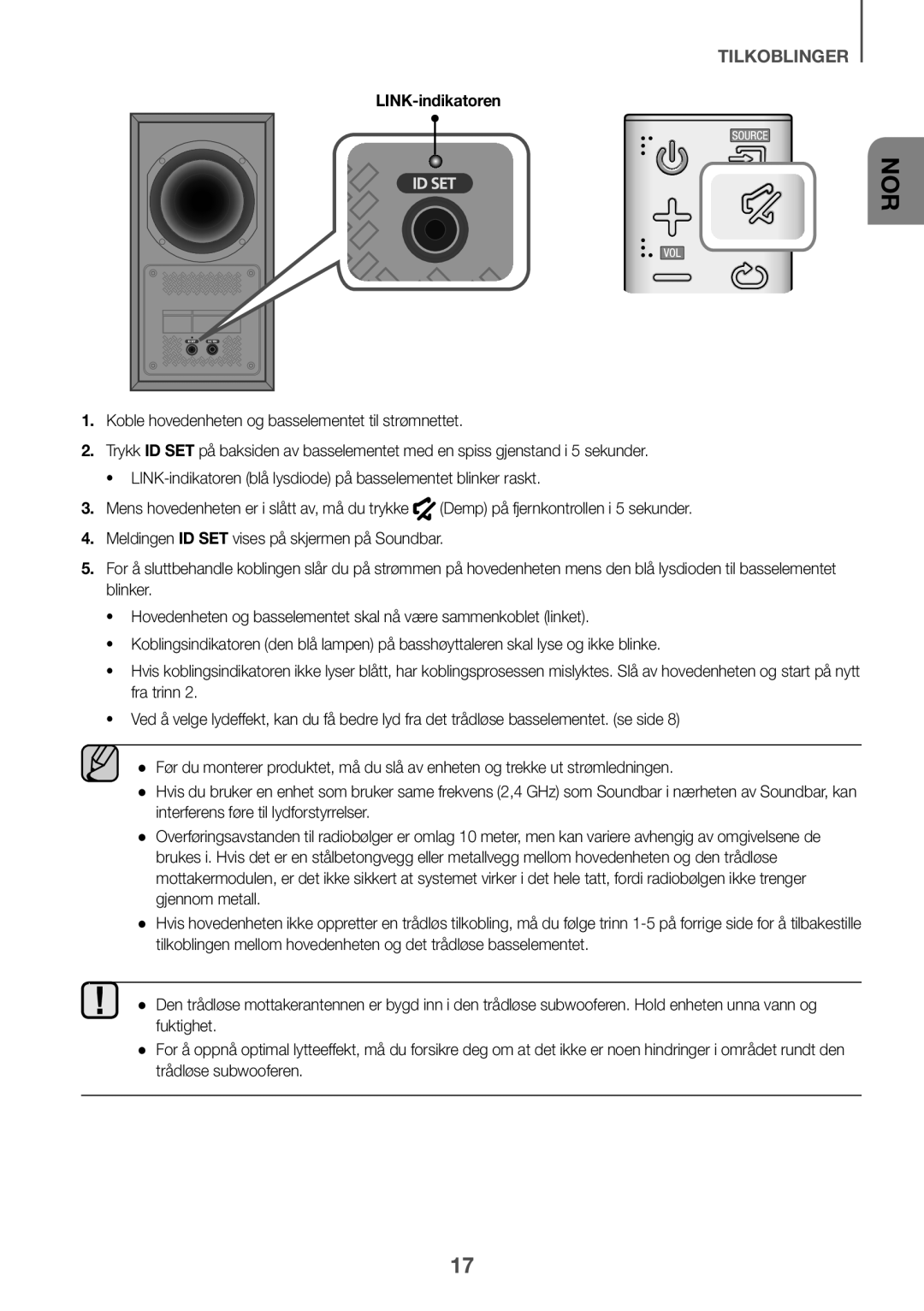 Samsung HW-K440/XE manual LINK-indikatoren, Meldingen ID SET vises på skjermen på Soundbar 